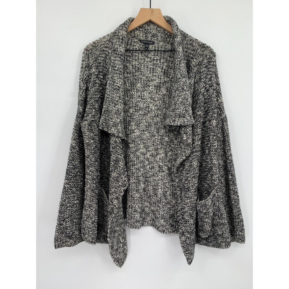 Eileen Fisher Sweater Womens Small Black White Cotton Alpaca Knit Cardigan